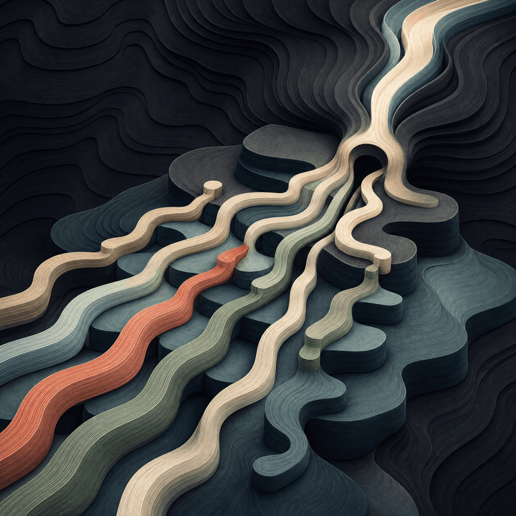 Layered paths ending at successive terraces while a smaller set passes through a narrow opening